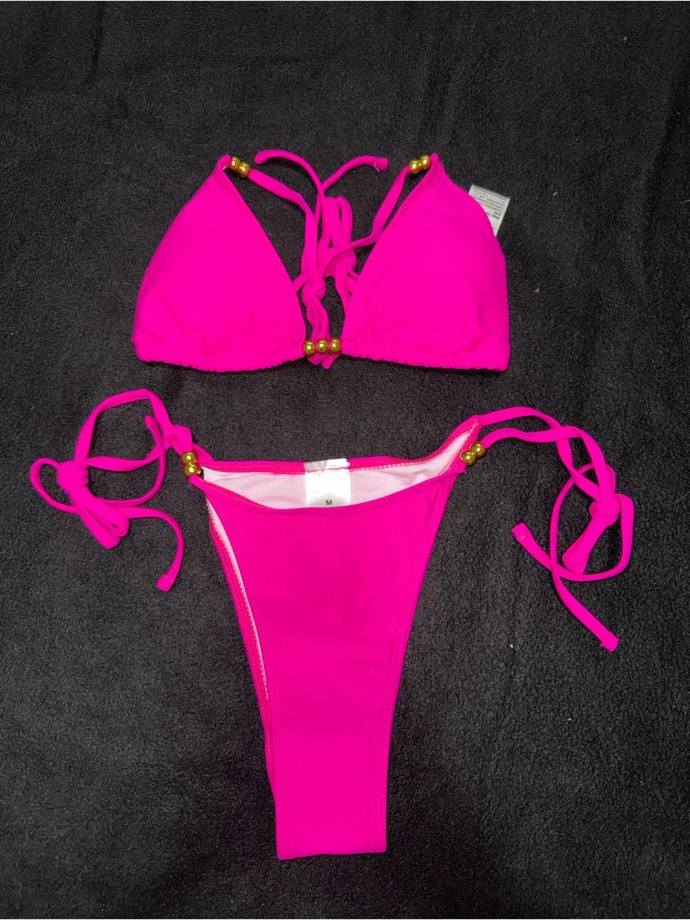 SHEIN Hot Pink Triangle Bikini with Gold Bead Accents